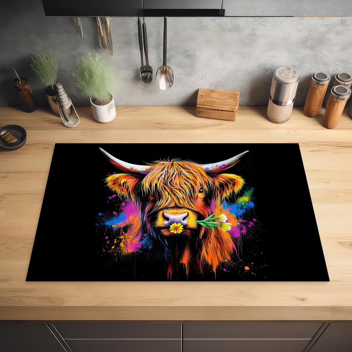 HERDABDECKPLATTE Schottischer Highlander - Graffiti - Bunt - Blume - Tiere Induktionsmatte 81x52 cm - Multicolor, Kunststoff (81/52/0.2cm) - MuchoWow