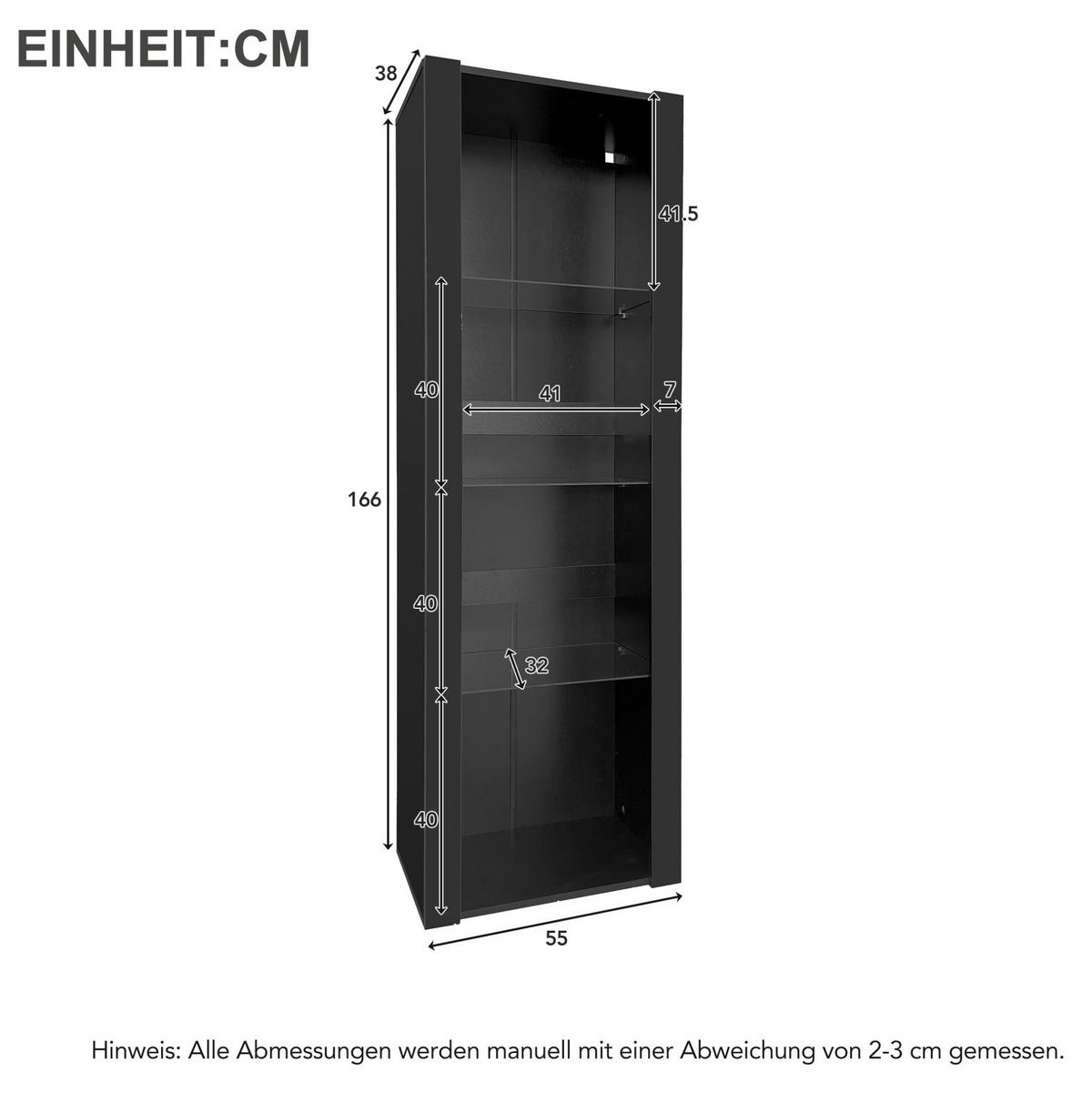 VITRINE 55/38/166 cm in Schwarz Hochglanz mit LED und 3 Glasböden - Schwarz, Holzwerkstoff (55/166/38cm) - BEAOK