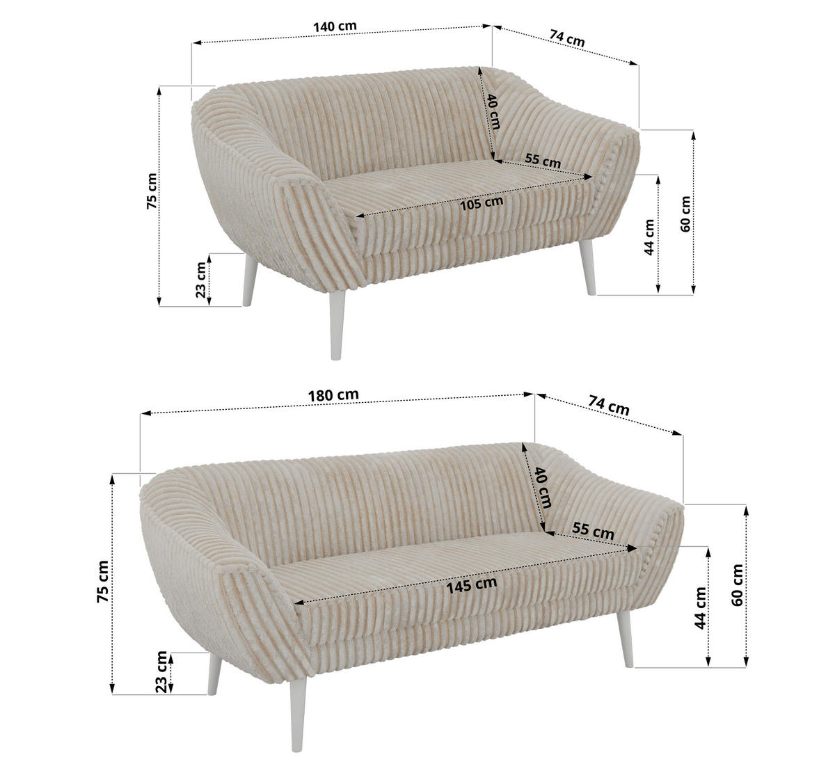 SEDACÍ SOUPRAVA 3+2 PIRS - Béžová Manšestr - Bílé nohy - bílá/krémová, kompozitní dřevo/textil (180/75/74cm) - MKS
