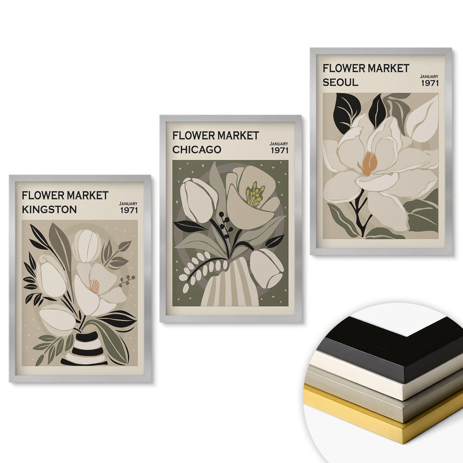 WANDBILDER 3er Set - 40x60 cm Silberner Rahmen - Blumen Kingston Seoul Chicago Retro - Silberfarben, Kunststoff (40/60cm) - ArtPrintCave