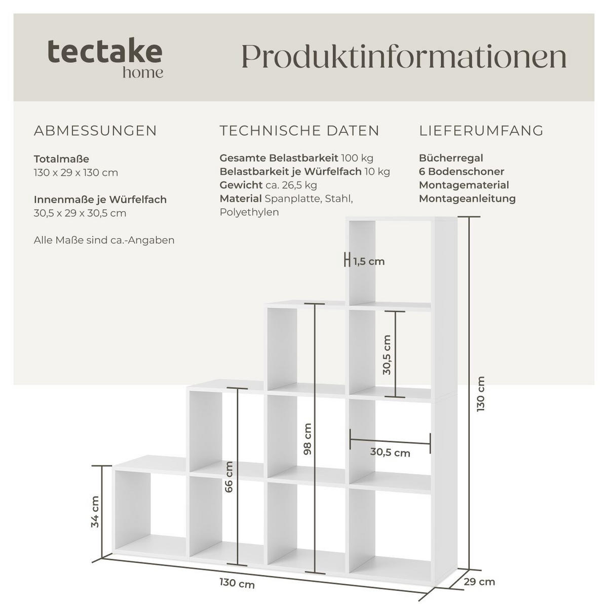 BÜCHERREGAL Talisa,130 x 29 cm x 130 cm,weiß - Weiß, Holzwerkstoff (130/130/29cm) - tectake