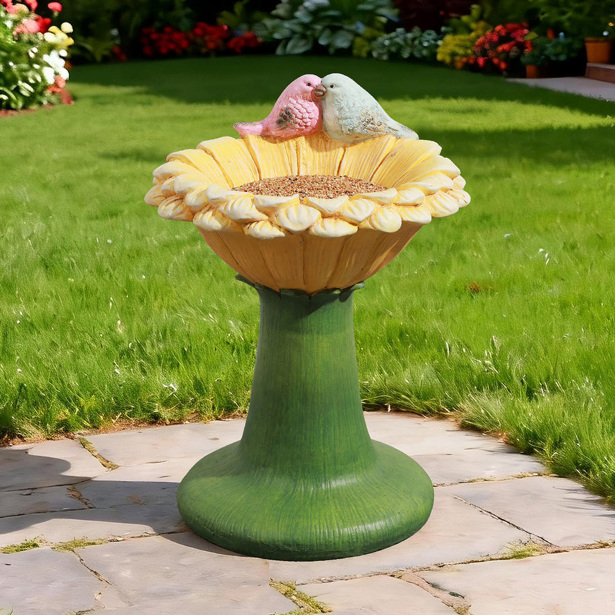 45 cm Hoher Sonnenblumen-Vogelhäuschen- und Vogeltränke-Kombi für den Außenbereich, aus MGO-Material, geeignet für Garten, Veranda und Hof - Multicolor, Kunststoff (32.5/45/32.5cm) - Hometopia