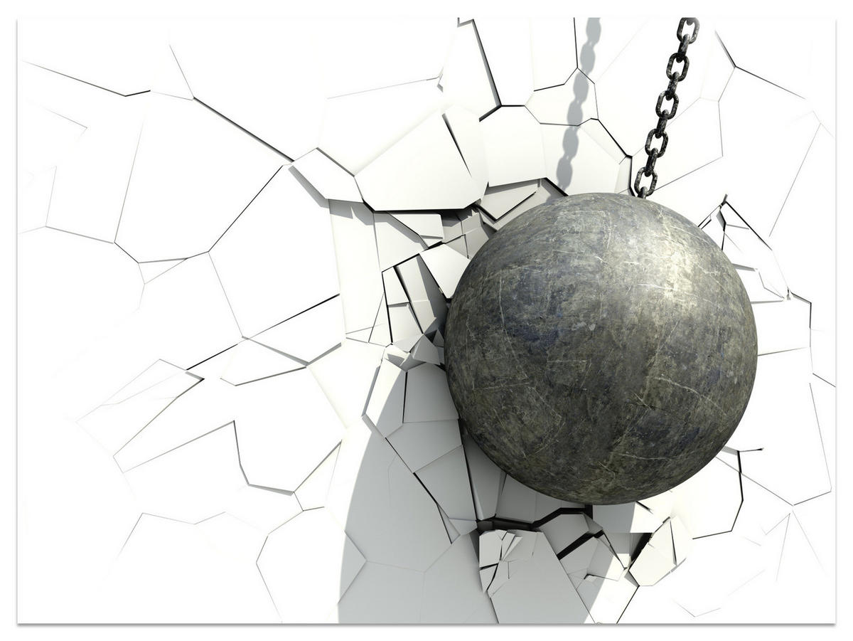 FOTOTAPETE für Büro Metallkugel Riss Weiße Wand 500x350 - Weiß/Grau, Papier (500/350cm) - Muralo