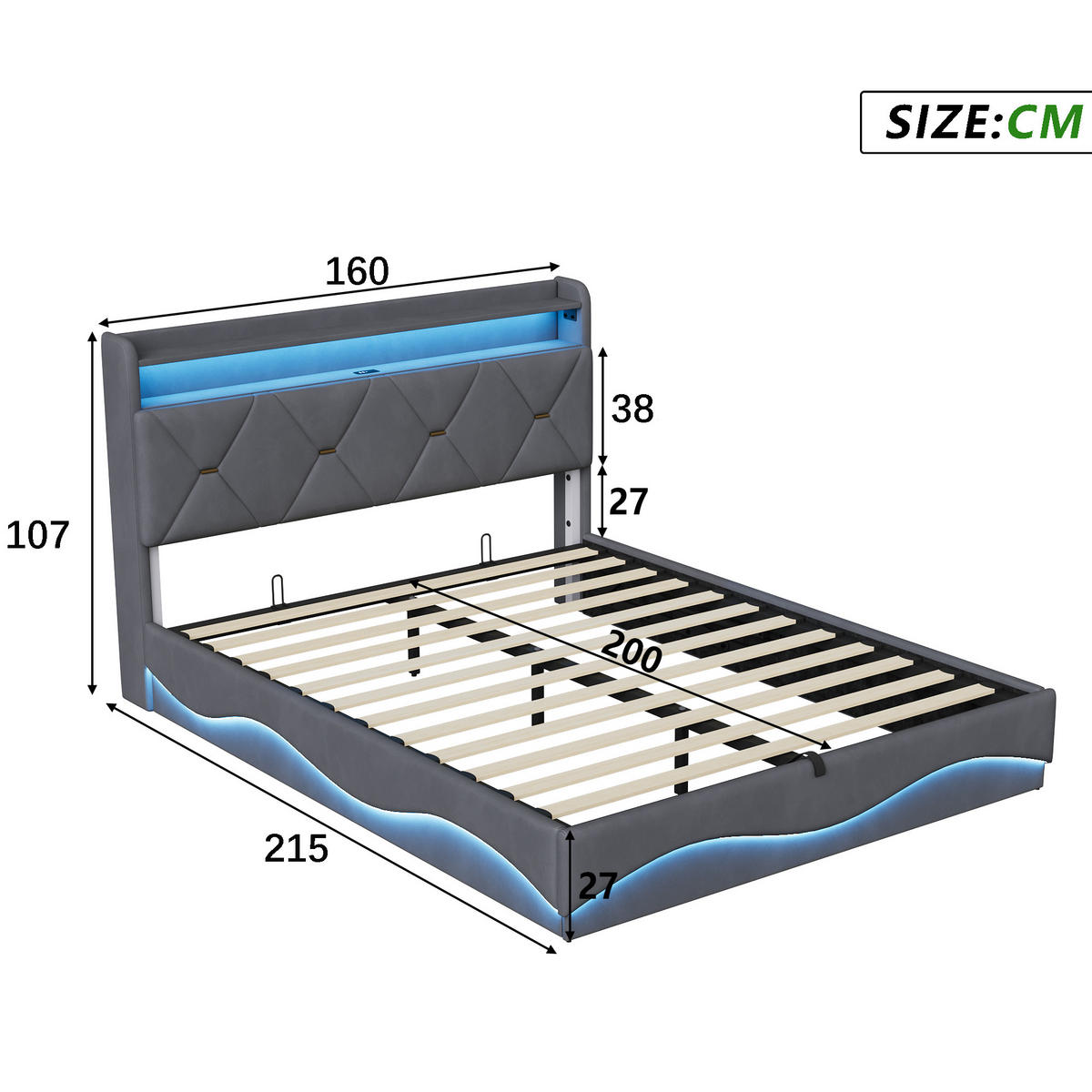 POLSTERBETT 160 x 200, Doppelbett mit Bettkasten und Lattenrost, Kopfteil, LED, USB, Samt, grau - Grau, Holzwerkstoff/Textil (160/200cm) - GENKI LIVING