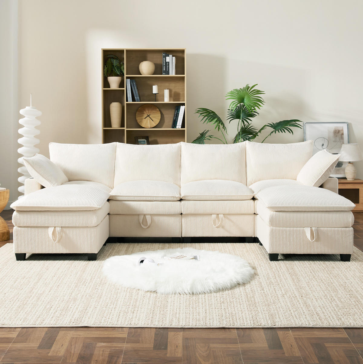 WOHNLANDSCHAFT aus Cord 280x151x82 cm Beige mit USB-Anschlüssen, Stauraum, Getränkehaltern und 2 Fußhockern - Beige, Textil (152/83/280cm) - Modfu