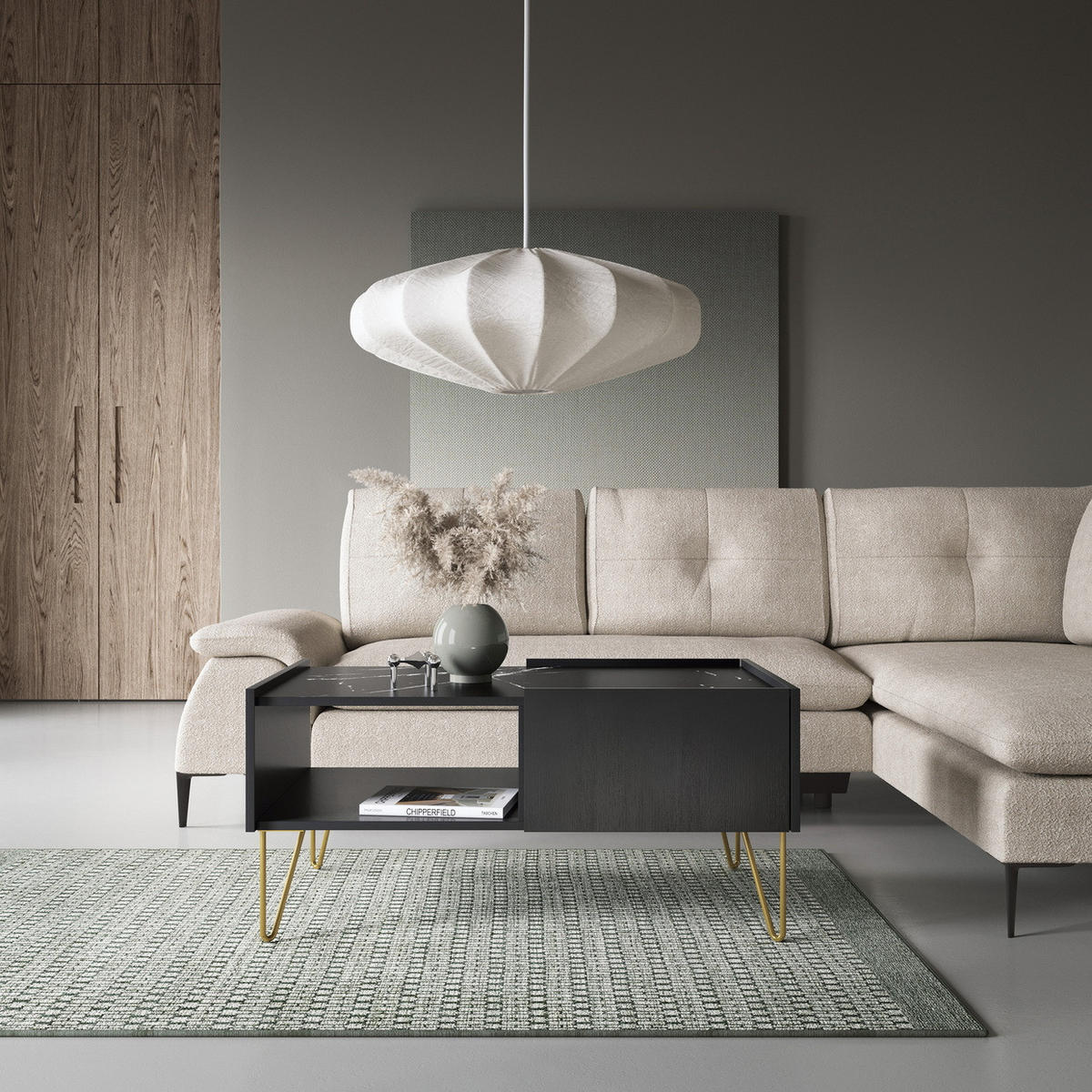COUCHTISCH 97 cm mit Schublade Olven, goldene Beine, Schwarz - Schwarz, Holz (65/97/45cm) - Emporius