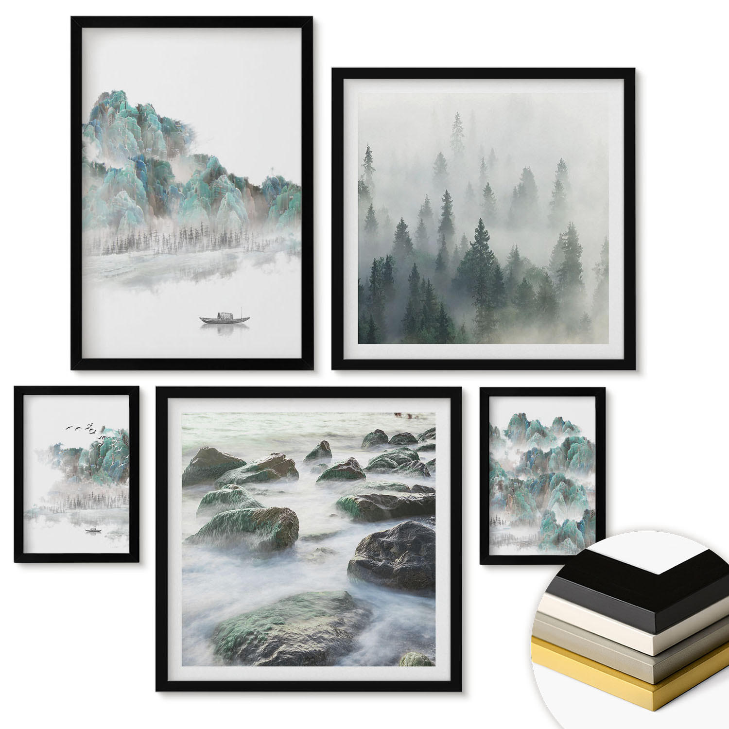 WANDBILDER 5er-Set - 50x50 cm & 20x30 cm & 40x60 cm Schwarzer Rahmen - Sommerwiesenblumen Sonnenuntergang - Schwarz, Kunststoff (40/60cm) - ArtPrintCave
