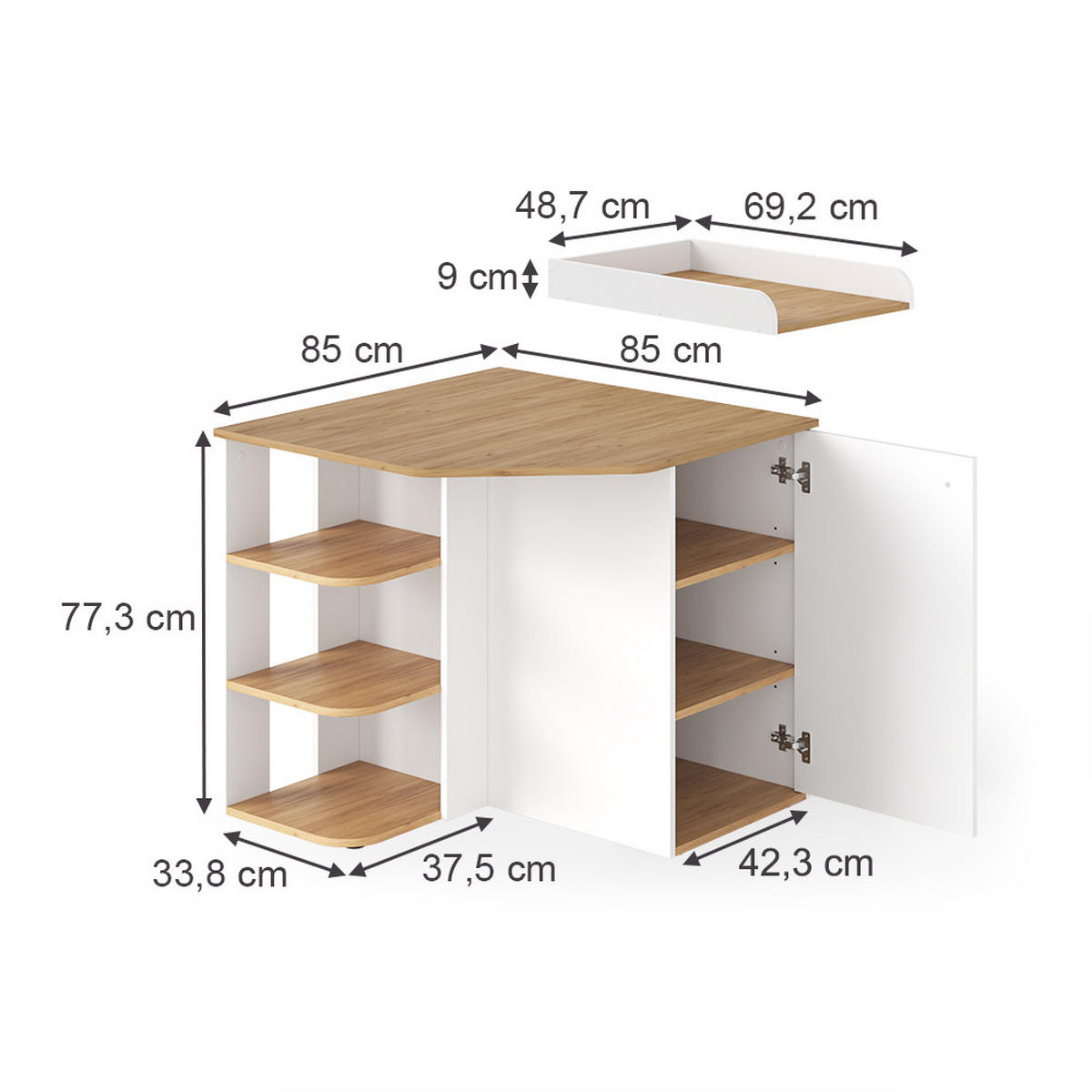 KOMODOVÝ PŘEBALOVACÍ STŮL Kristian Bílý/zlatý dub - bílá, kompozitní dřevo (85/77.3/85cm) - Vicco