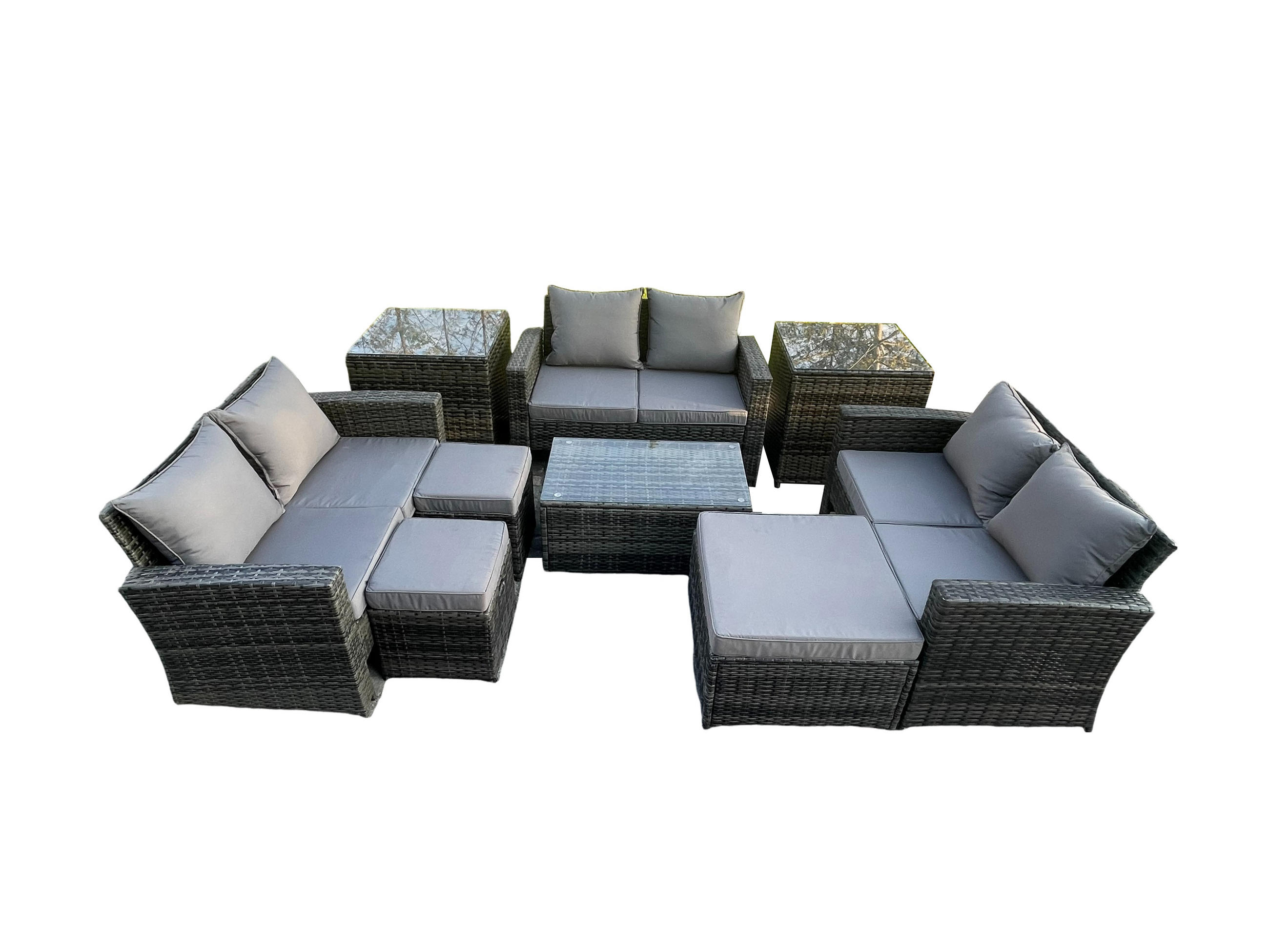 GARTENMÖBEL SET MIT 2 BEISTELLTISCHE 3 HOCKER LIEBESSITZ-SOFA Polyrattan Dunkelgrau Gemischt 9-Sitzer - Dunkelgrau, Metall - Fimous
