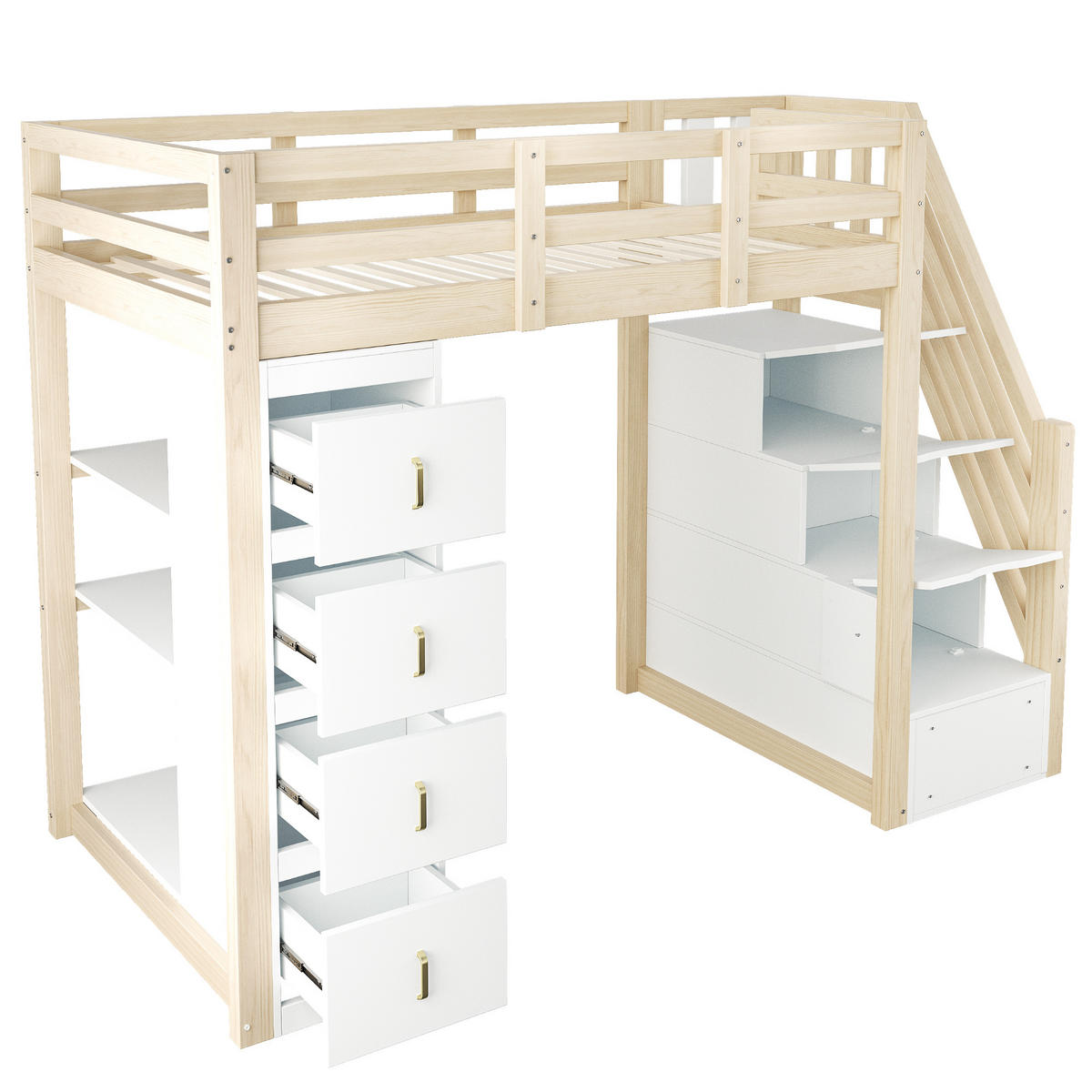 HOCHBETT 90/200 cm in Naturholz mit 4 Schubladen, Regal und Sicherheitsleiter - Weiß/Naturfarben, Holz/Holzwerkstoff (90/200cm) - WISHDOR
