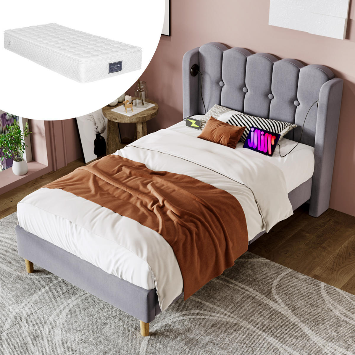 POLSTERBETT 90/200 cm aus Leinen mit USB- und Typ-C-Ladefunktion Grau - Grau, Textil (90/200cm) - Modenvie