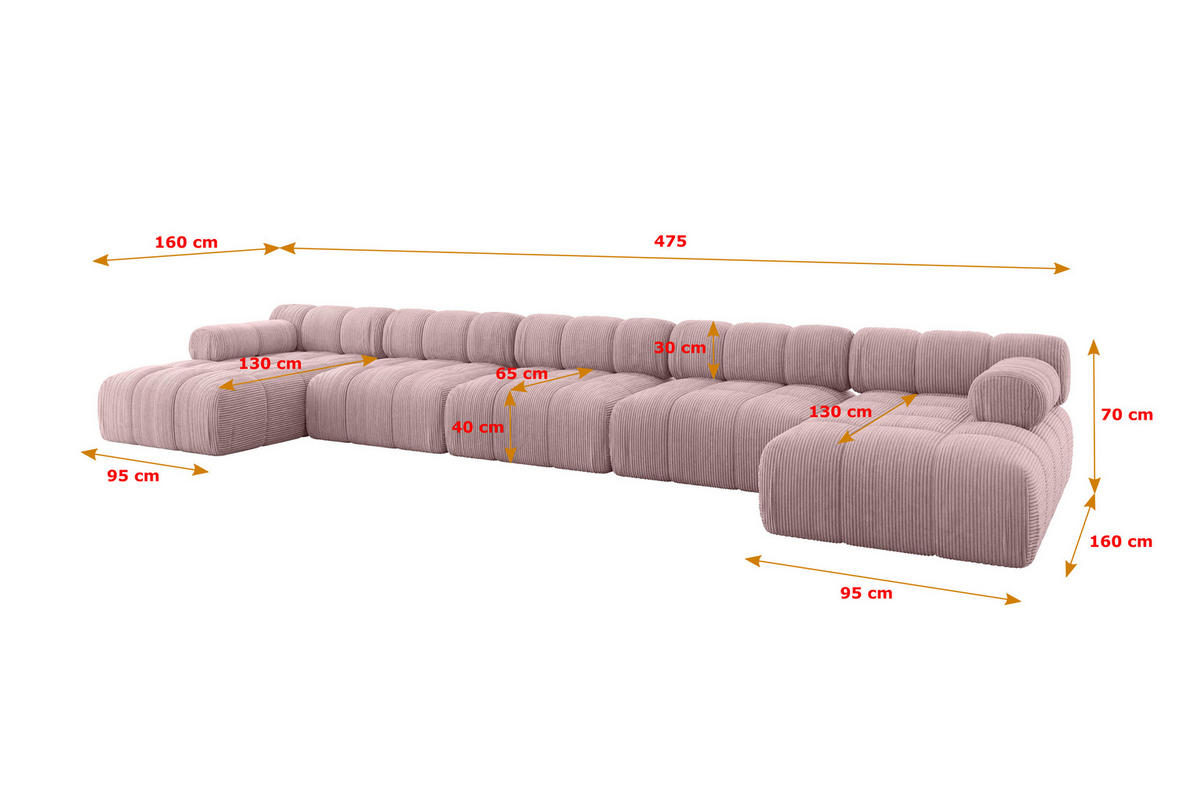 WOHNLANDSCHAFT modulares Sofa Tesso-U3 - 475x160x70 cm Rosa Cord - Rosa, Holzwerkstoff/Textil (475/70/160cm) - ALTDECOR