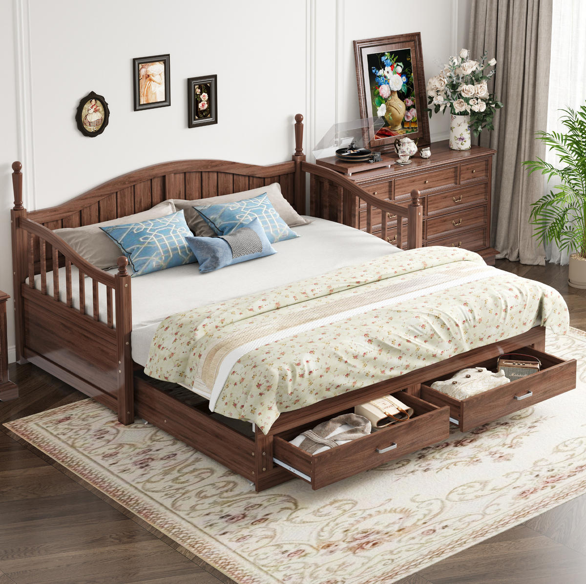 BETT aus Holz 90x190/180x190 cm Nussbaum mit Ausziehfunktion, 2 Schubladen und Lattenrost - Naturfarben, Holzwerkstoff (90/190cm) - Modfu