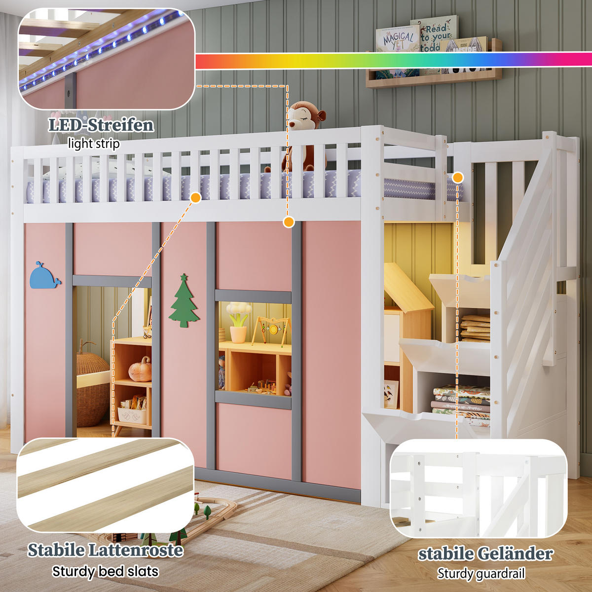 KINDERBETT 90/200 mit Stauraumtreppe,LED und Rausfallschutz in Weiß und Pink - Weiß/Rosa, Holzwerkstoff (90/200cm) - EVRYAE