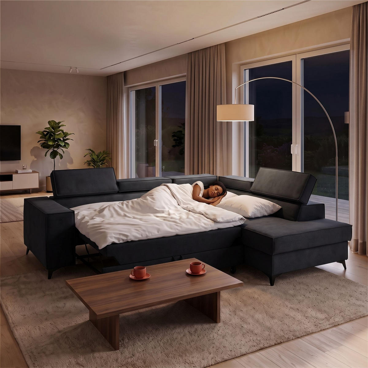 ECKSOFA PURE L Rechts mit Schlaffunktion 127x199 Velours Graphit - Graphitfarben/Schwarz, Holz/Textil (204/281cm) - Muffo