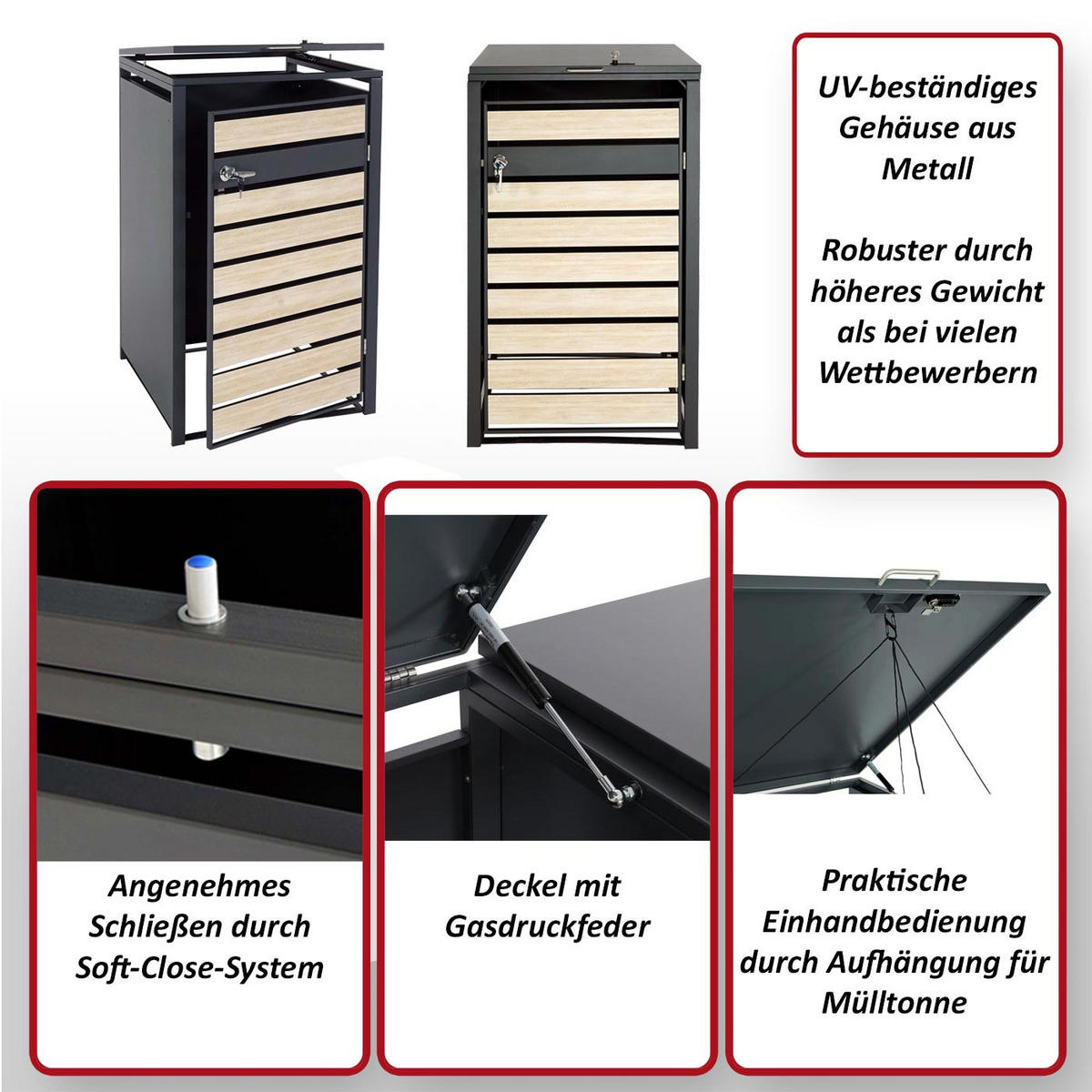 MÜLLTONNENBOX 1er 117x68x80cm Anthrazit Buche-Holzoptik Hellbraun - Hellbraun, Metall (68/117/80cm) - PROREGAL