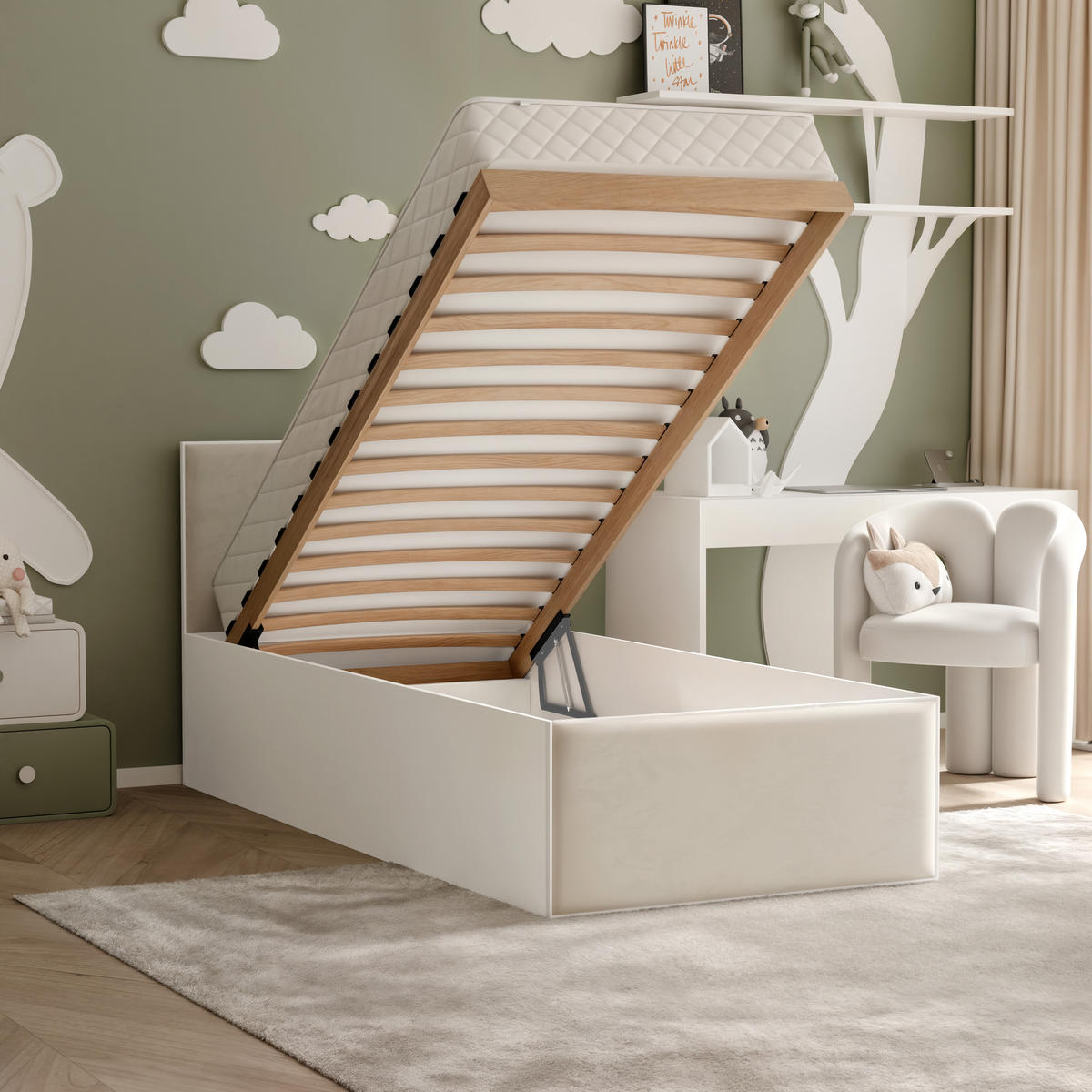 POLSTERBETT SASHI 90/200 cm Bettkasten, ohne Matratze, Weiß / Hellbeige - Sandfarben, Holz/Holzwerkstoff (90/200cm) - Idohome