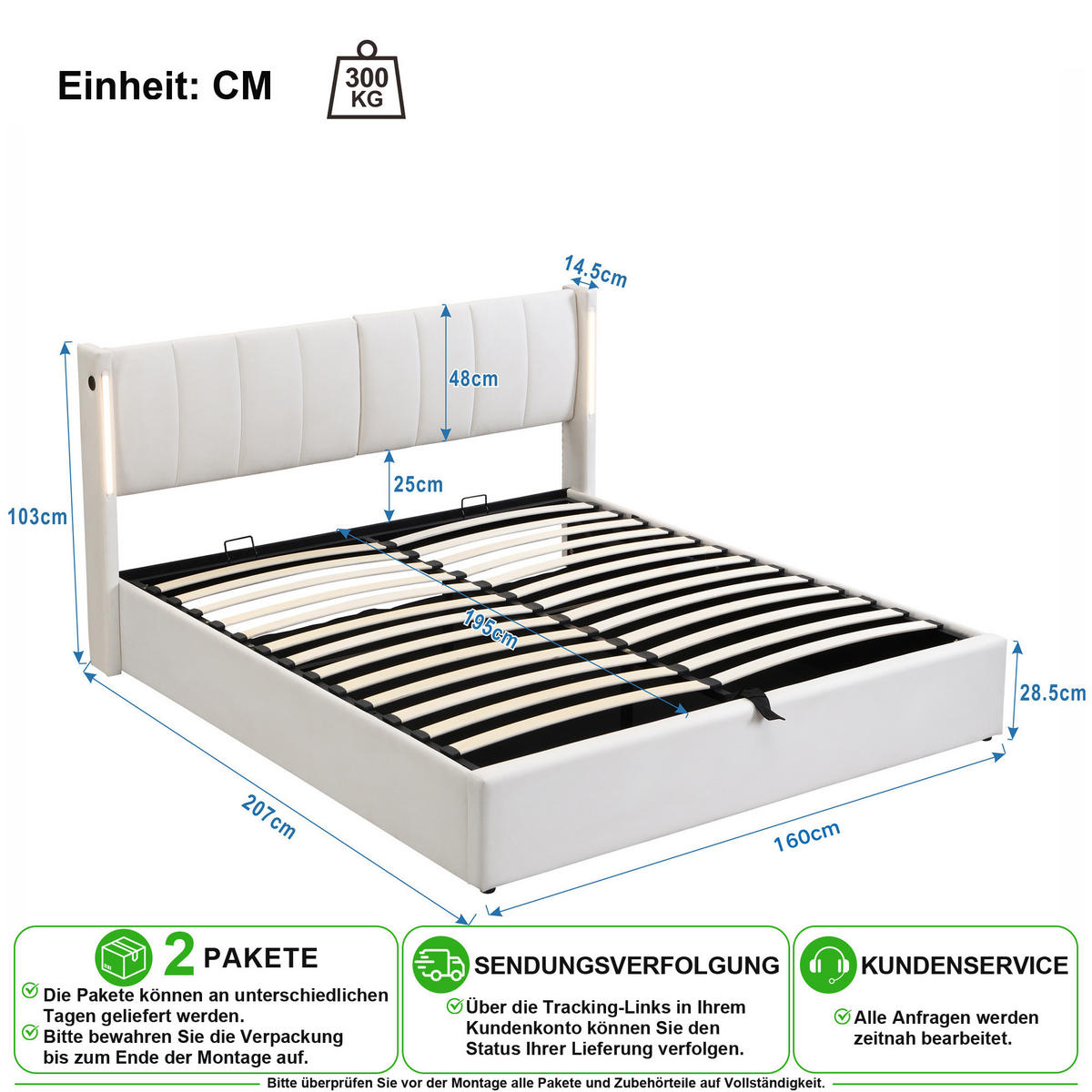 POLSTERBETT 160/200 cm in Weiß mit Stauraum, LED und USB aus PU - Weiß, Holzwerkstoff/Textil (160/200cm) - CHICFURN