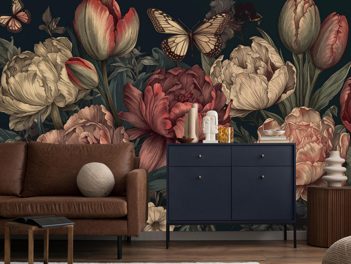 FOTOTAPETE für Schlafzimmer Pfingstrosen Tulpen Vintage Blumen Rosa Natur 350x256 - Gelb/Beige, Papier (350/256cm) - Muralo