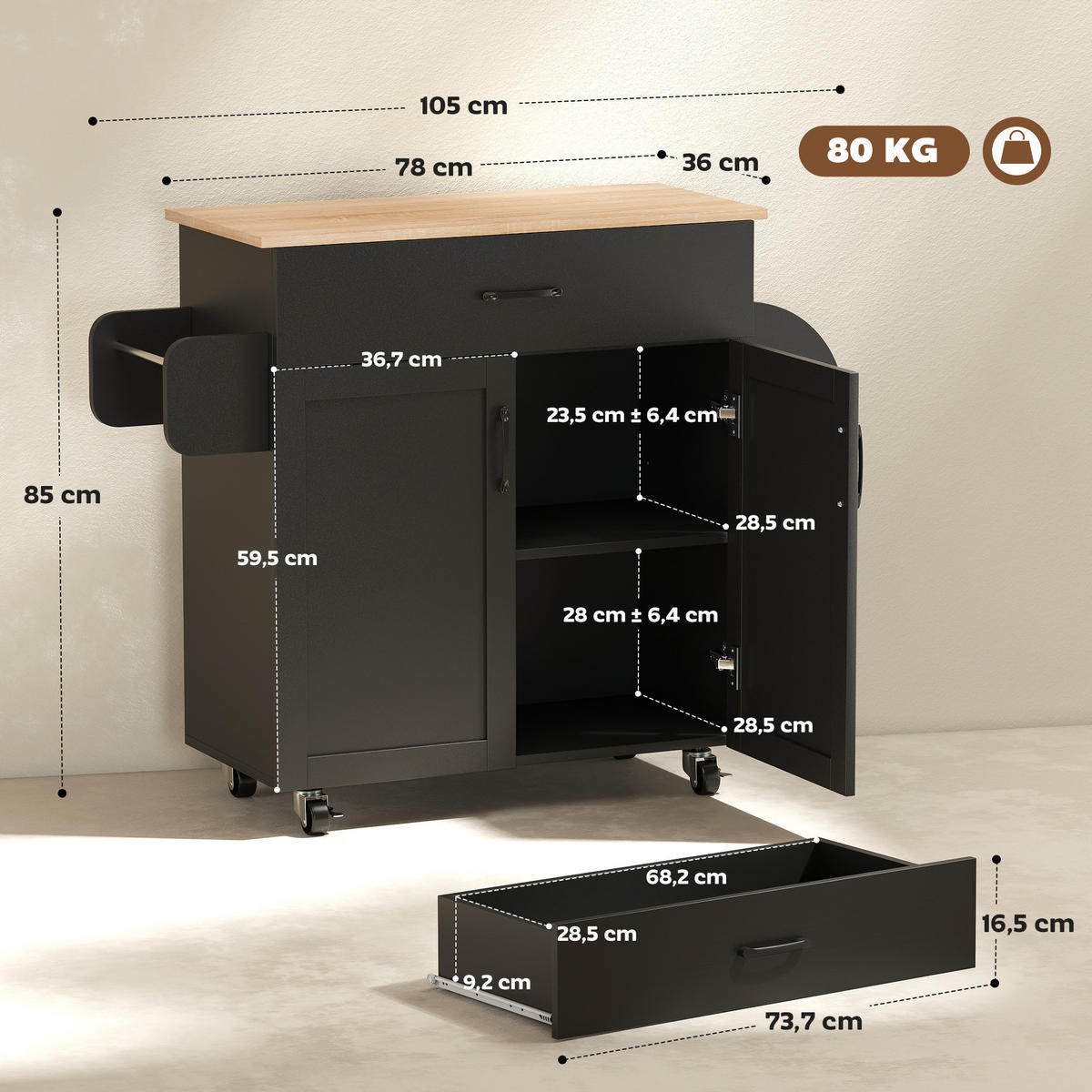 KÜCHENINSEL DE-17133 Schwarz - Schwarz, Holzwerkstoff (105/85/36cm) - ComfortXL