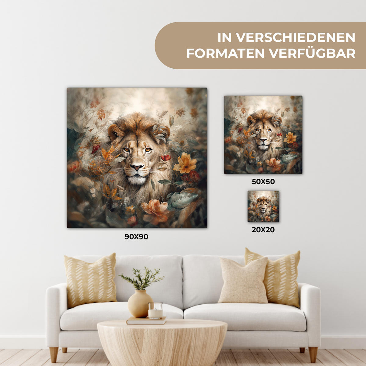 LEINWANDBILD Löwe - Wildtiere - Pflanzen - Natur - Blumen 20x20 cm - Beige, Textil (20/20cm) - MuchoWow