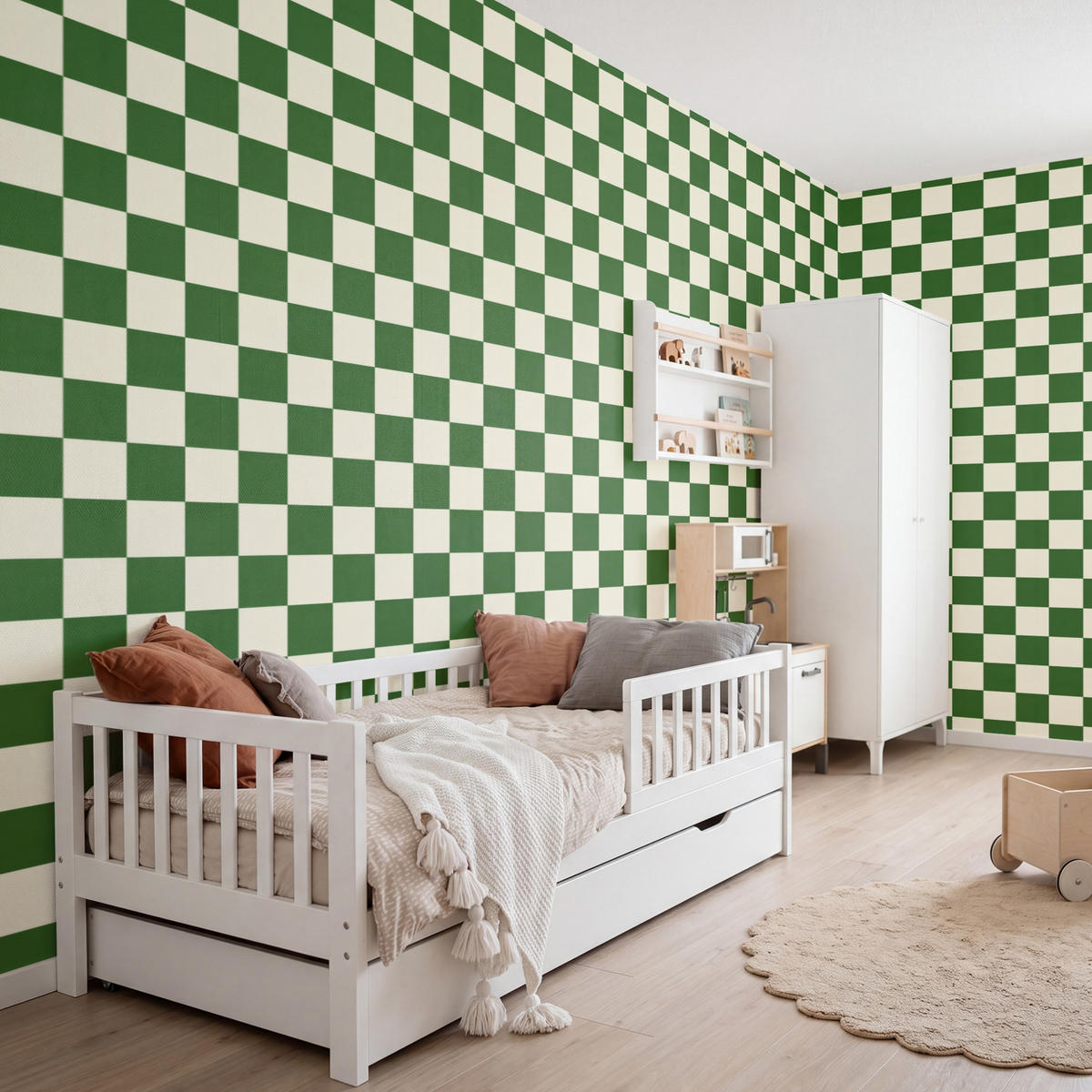 KINDERTAPETE - Schachbrett - Muster - Grün - 500x280 cm - Grün, Papier (500/280cm) - OnlyWow