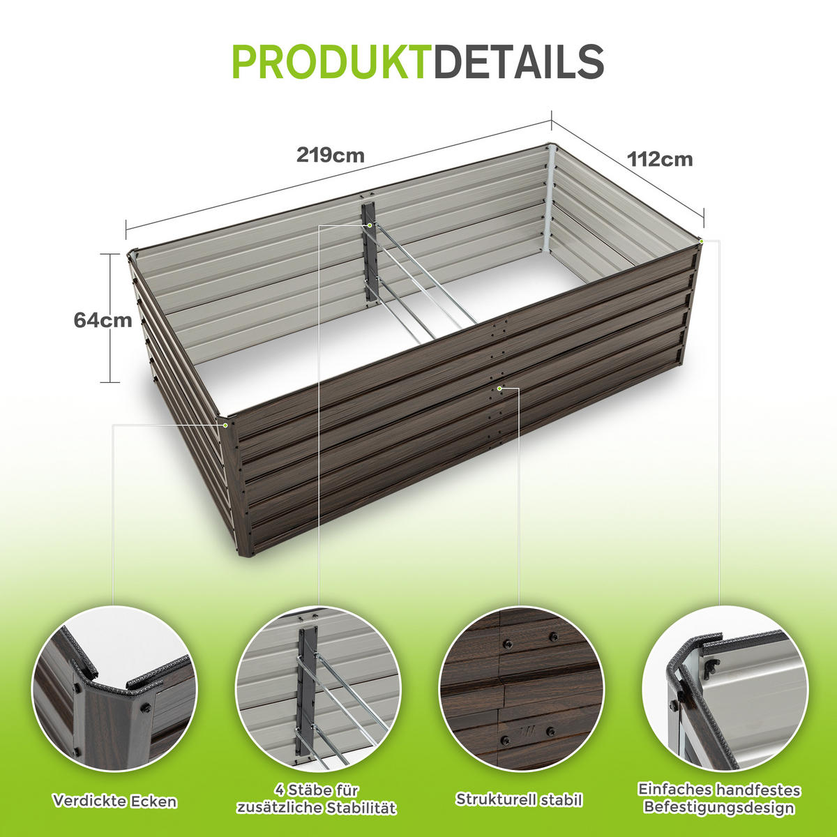 HOCHBEET 219/112/64 cm Holzmaserung mit Offene Basis - Naturfarben, Metall (112/64/219cm) - Oxeza