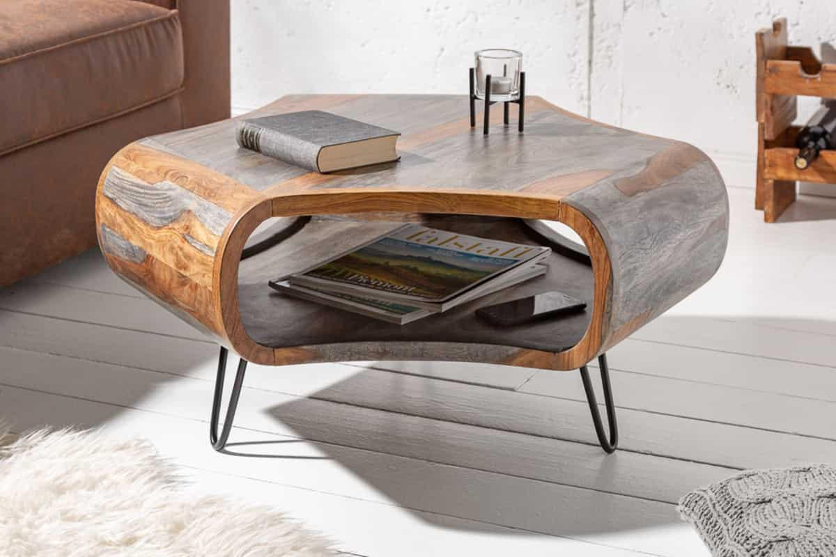 COUCHTISCH ORGANIC LIVING Sheesham rechteckig Grau|Natur|Braun 80cm - Schwarz/Braun, Holz/Metall (70/80/38cm) - riess-ambiente