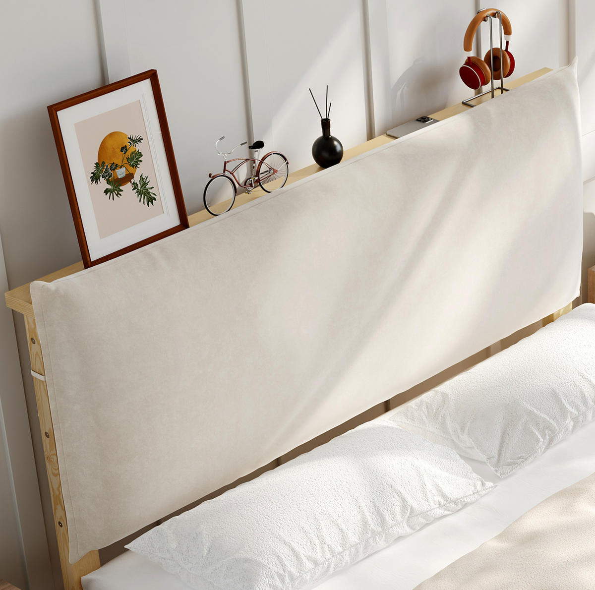 TAPECIRANI krevet 140/200 cm prirodna boja od drva i tkanine s uzglavljem i stabilnim letvicama - prirodne boje, tekstil (140/200cm) - OKWISH
