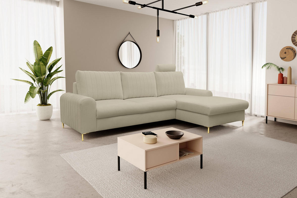 ECKSOFA VERONA R-S Beige Geflochtener Stoff mit Schlaffunktion - Beige, Holz (251/164cm) - MASSENO