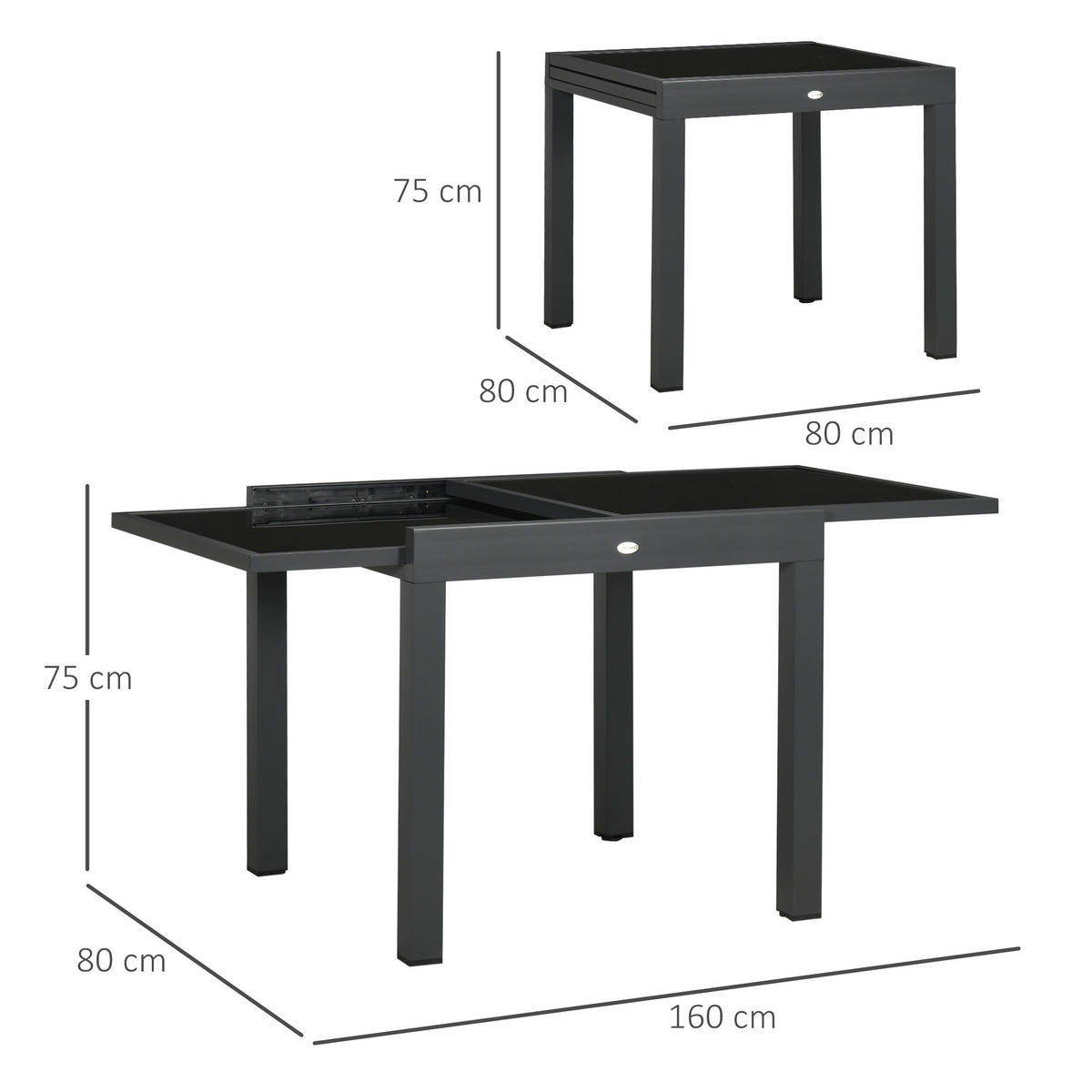 GARTENTISCH, Klappbarer Tischplatte, Balkontisch Terrassentisch, Alu, Glas, Schwarz - Schwarz, Glas/Metall (160/80/75cm) - Outsunny