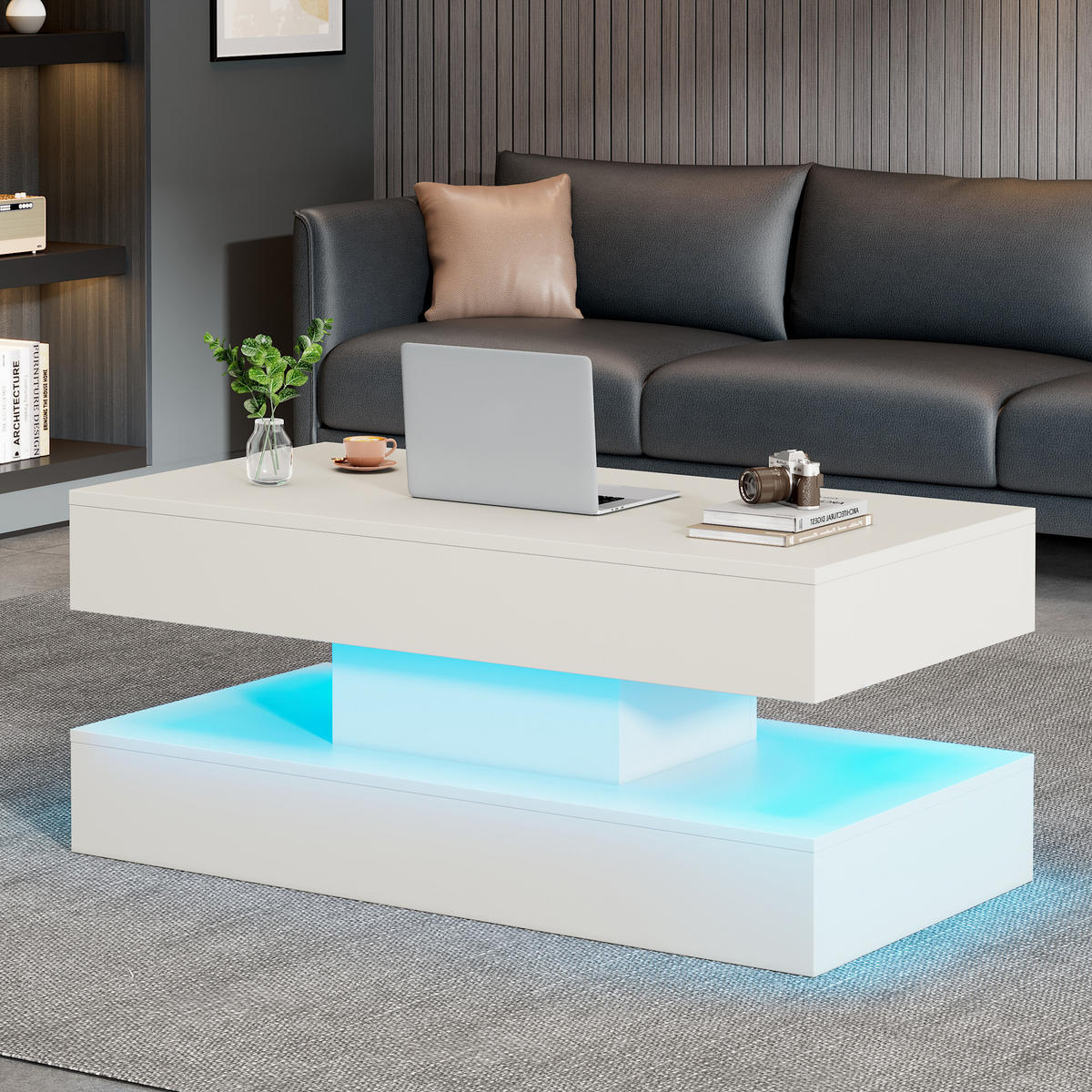 COUCHTISCH aus Spanplatte 100x50x42 cm in Weiß mit LED & Steckdosen - Weiß, Holzwerkstoff (50/100/42cm) - Modfu