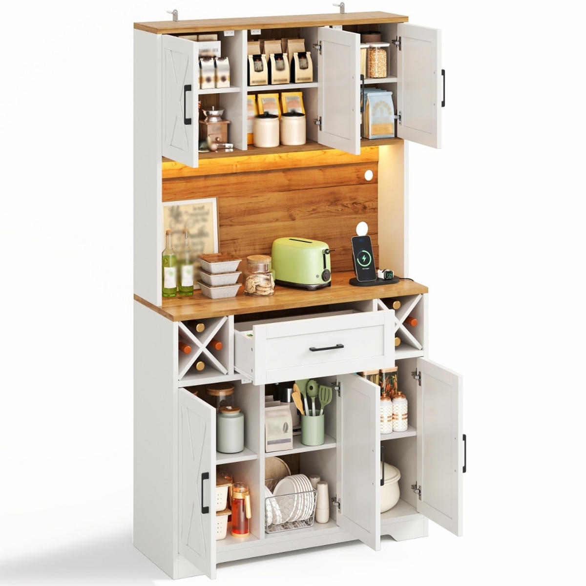 KÜCHENSCHRANK MIT RGB-LED-BELEUCHTUNG UND STECKDOSE Aus MDF Im Scheunentor-Design Für Esszimmer, 105/180/40 cm - Naturfarben, Kunststoff (40/180/105cm) - Rolipo