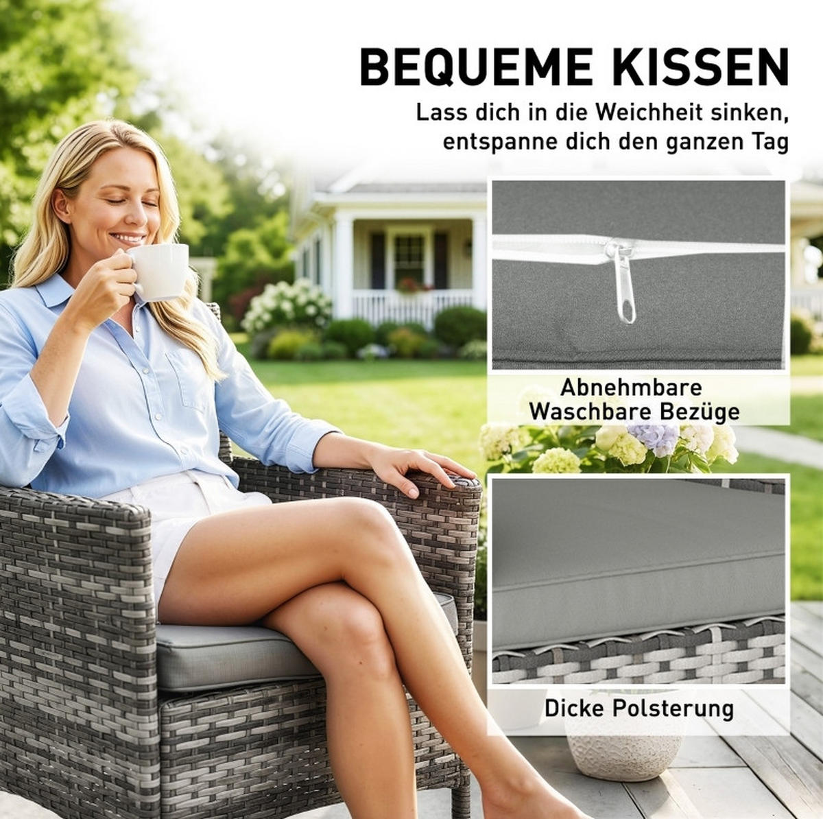 2ER Gartenstuhl-Set aus PE-Rattan 58x62x87 cm in Grau mit Kissen - Grau, Naturmaterialen (58/87/62cm) - Modfu