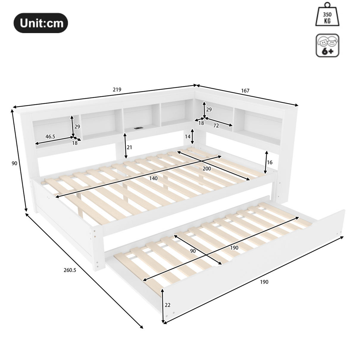 BETT 140/200 cm in Weiß – inkl. Lattenrost, ausziehbares Rollbett & 2 Schubladen - Weiß, Holz (140/200cm) - BEAOK