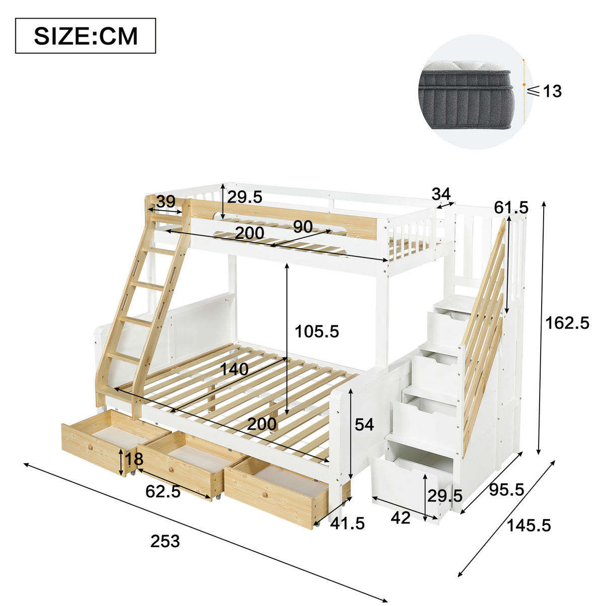 ETAGENBETT aus Massivholz 90x200/140x200 cm Weiß Natur mit Stauraumtreppe, Leiter und 3 Bettkästen - Weiß, Holz (90/200cm) - Modfu