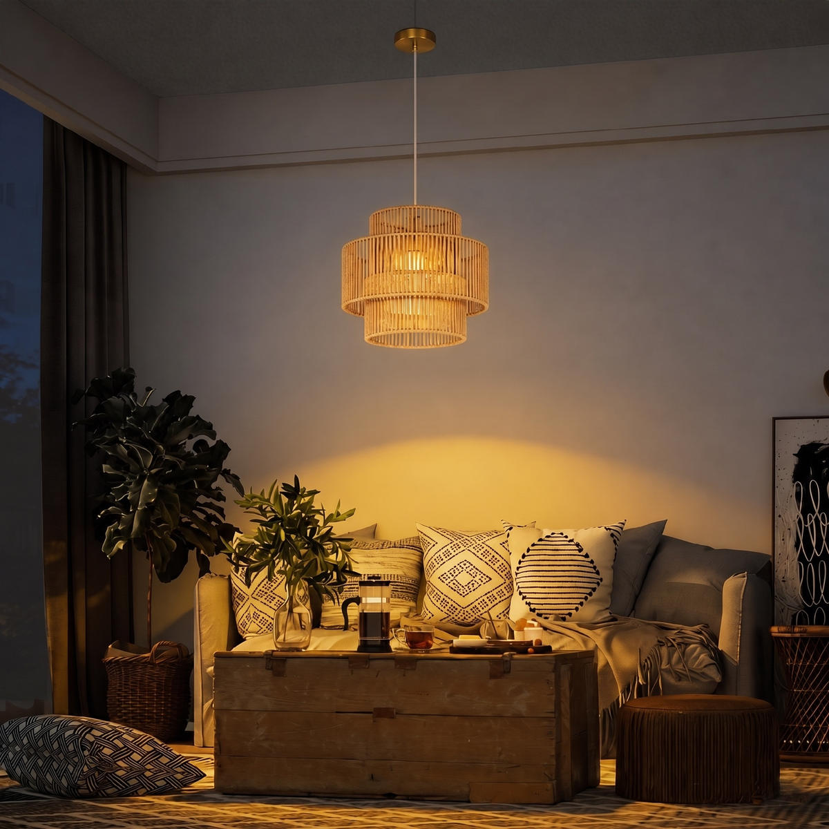 PENDELLEUCHTE Hängelampe mit E27 Fassung, Boho-Stil für Küche Hellbraun - Braun, Metall (30/30/30cm) - HOMCOM