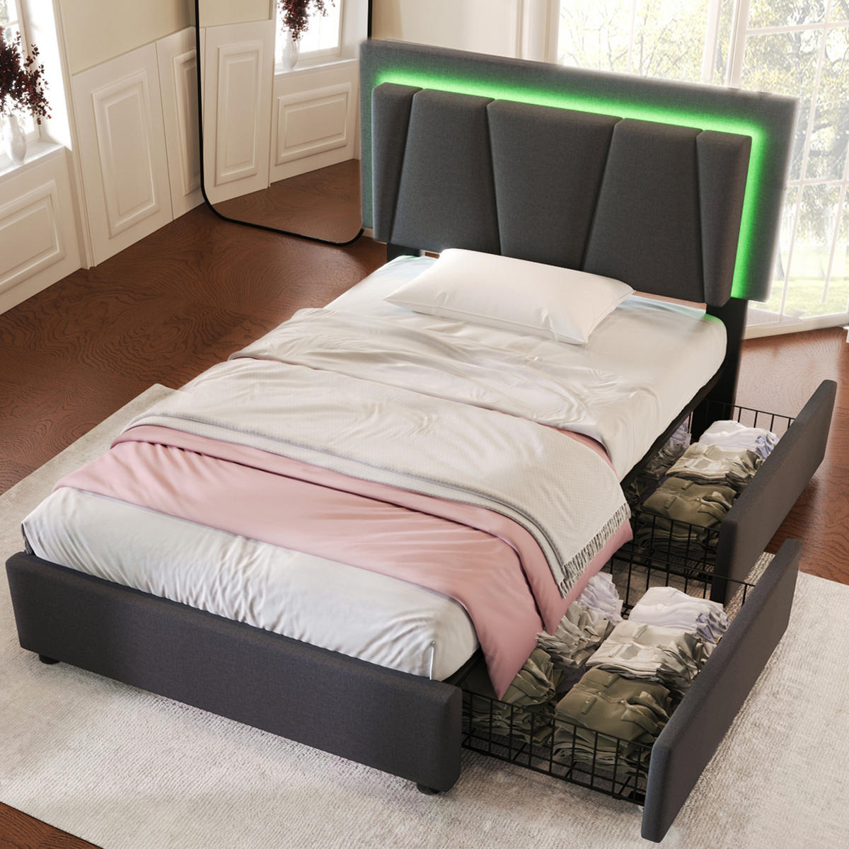 BETT mit LED und 2 Schubladen 90x200 cm Grau - Grau, Holz (90/200cm) - Meubliv