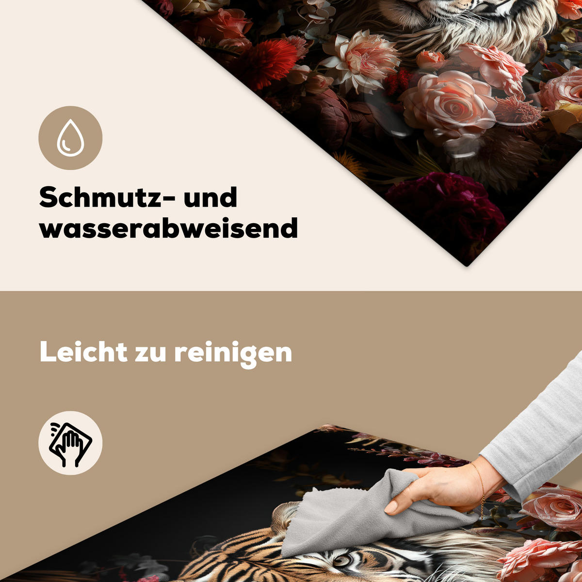 HERDABDECKPLATTE Tiger - Tier - Natur - Floral - Botanisch Induktionsmatte 78x78 cm - Orange, Kunststoff (78/78/0.2cm) - MuchoWow