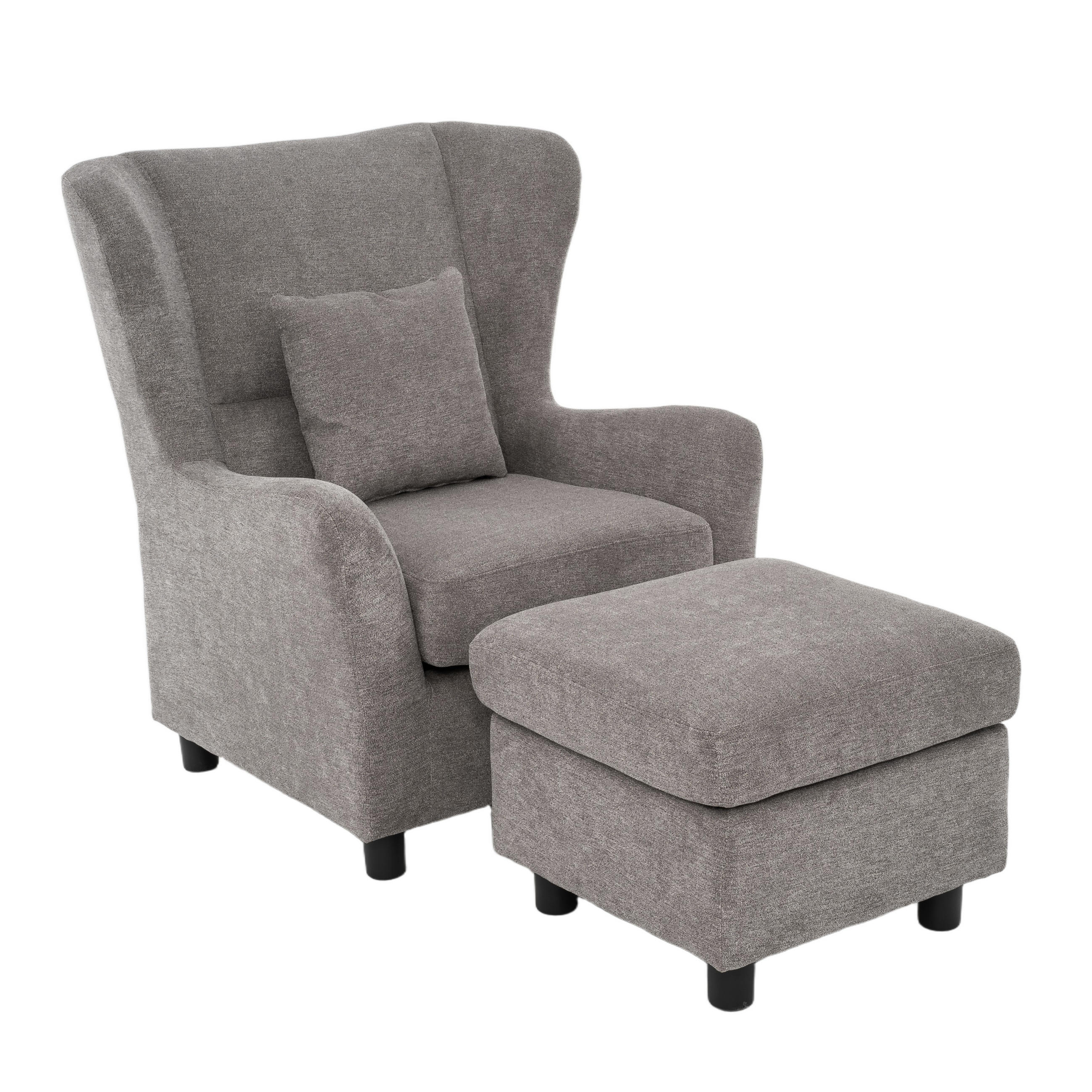 OHRENSESSEL mit HOCKER, hoher Sitzkomfort durch Taschenfederkern, Mikrofaser Hellgrau / 16146 - Hellgrau/Schwarz, Holz/Textil (89/95/79cm) - luma-home
