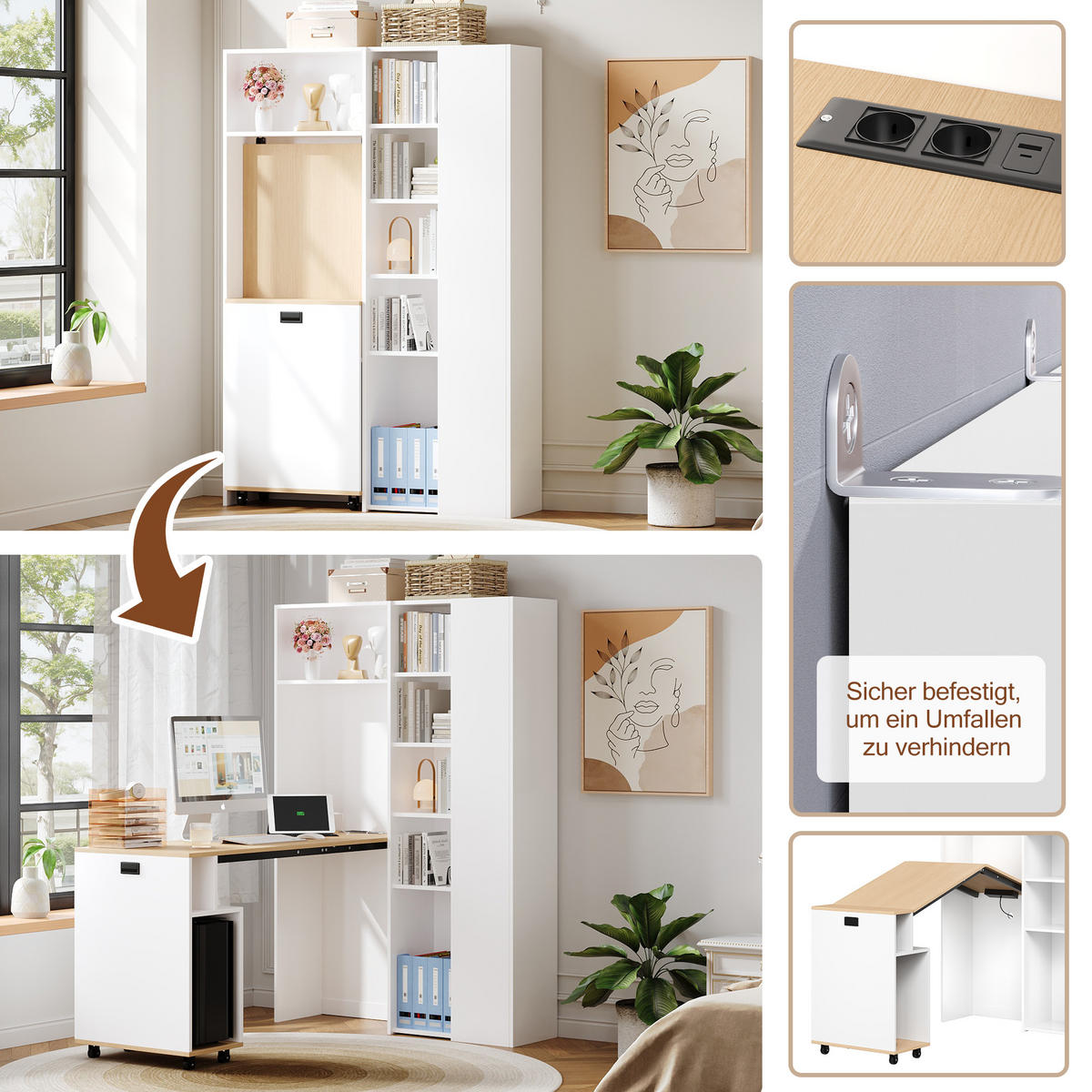 BÜROTISCH mit Regal und ausziehbarem Arbeitstisch – Weiß Holzoptik - Weiß, Holzwerkstoff/Metall (30.5/104.5/160cm) - Urban Meuble