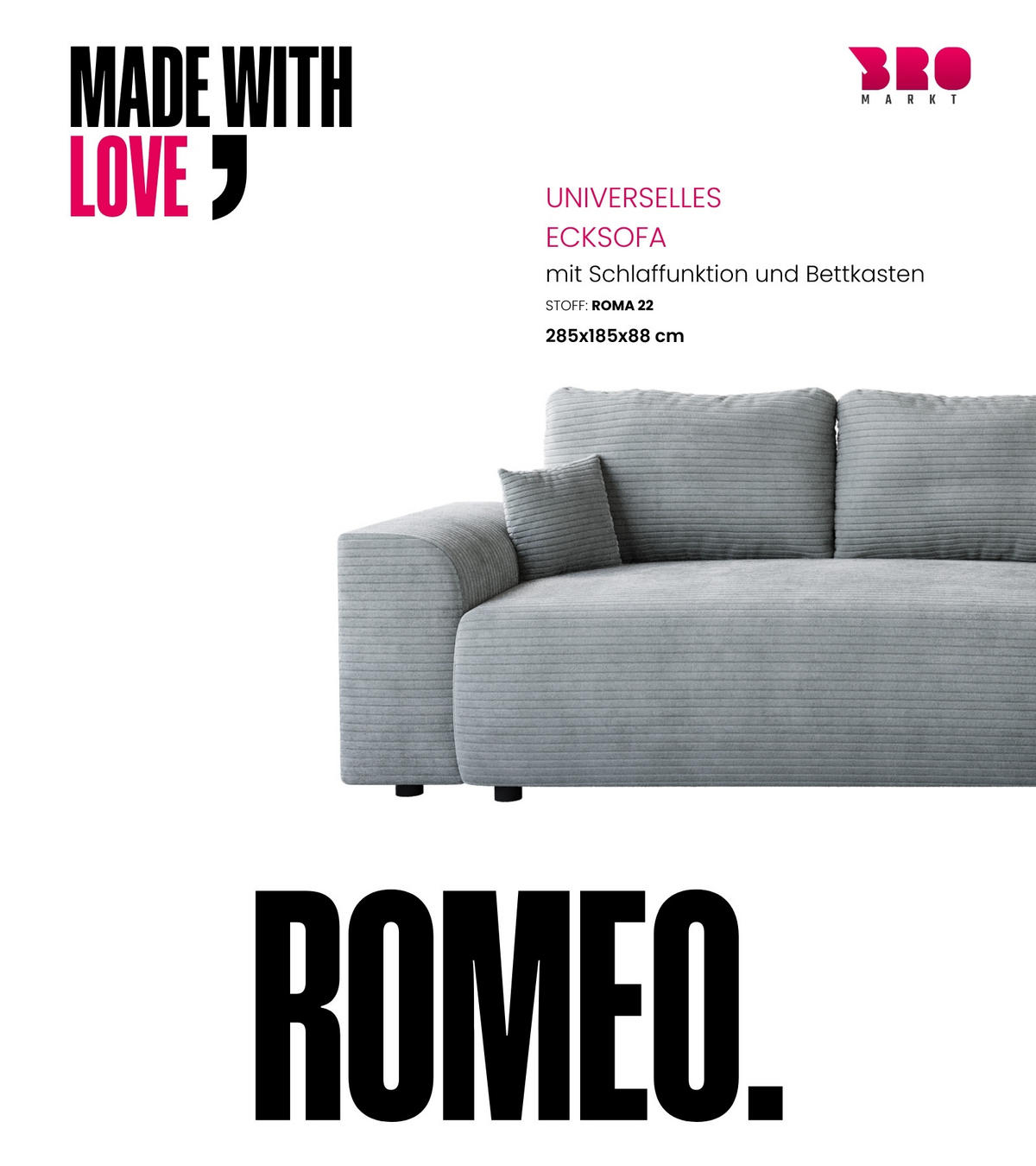 ECKSOFA Romeo mit Schlaffunktion Hellgrau - Hellgrau, Textil (285/185cm) - Bromarkt