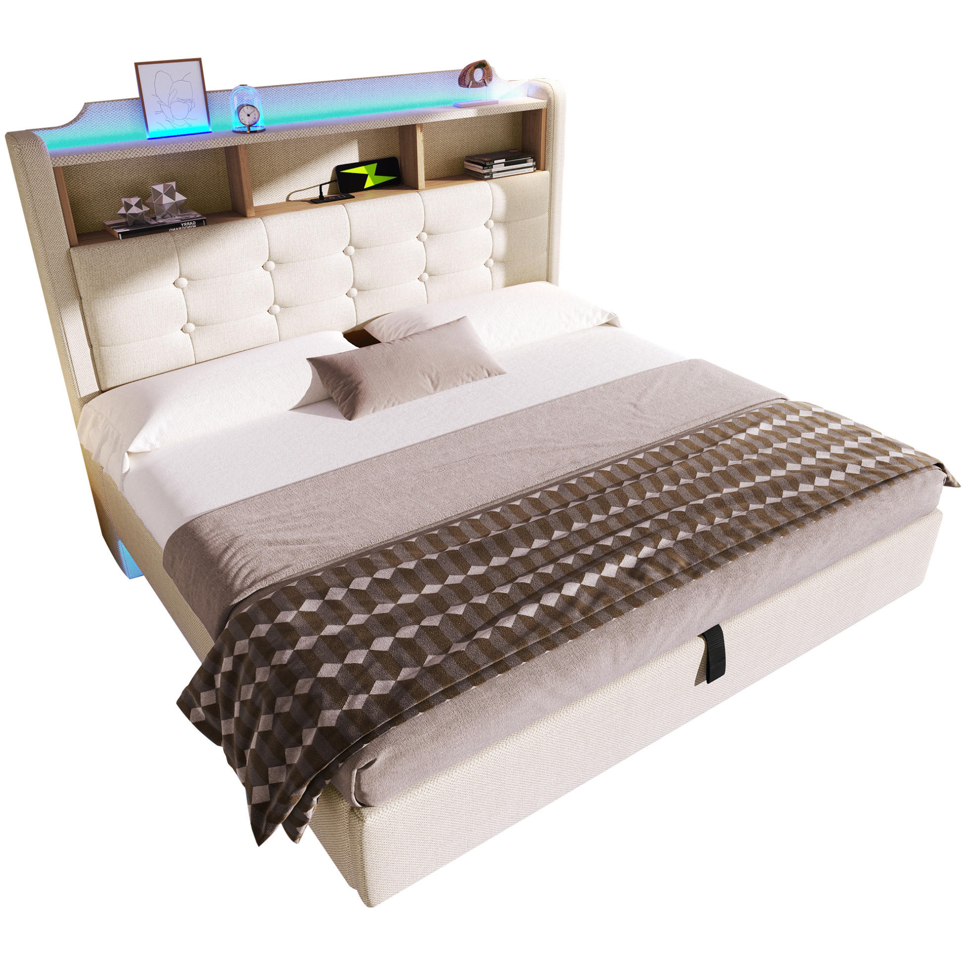 Modfu ČALÚNENÁ posteľ z lepidla a MDF 140x200 cm béžová s LED osvetlením, hydraulickým úložným priestorom a USB/Typ-C