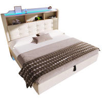 ČALÚNENÁ posteľ z lepidla a MDF 140x200 cm béžová s LED osvetlením, hydraulickým úložným priestorom a USB/Typ-C - béžová, textil (140/200cm) - Modfu