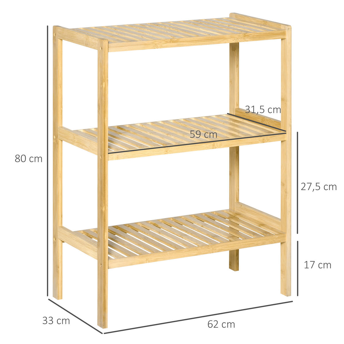 BADREGAL Standregal mit 3 Ebenen, Bambusregal, Küchenregal, für Bad, Küche - Naturfarben, Naturmaterialien (33/80/62cm) - HOMCOM