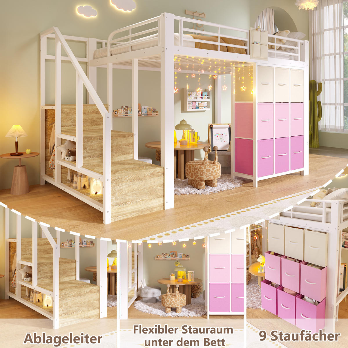 HOCHBETT 140/200 cm in Weiß mit Schubladen, Kleiderstange und Treppe mit Stauraum - Weiß, Metall (140/200cm) - STILVORA