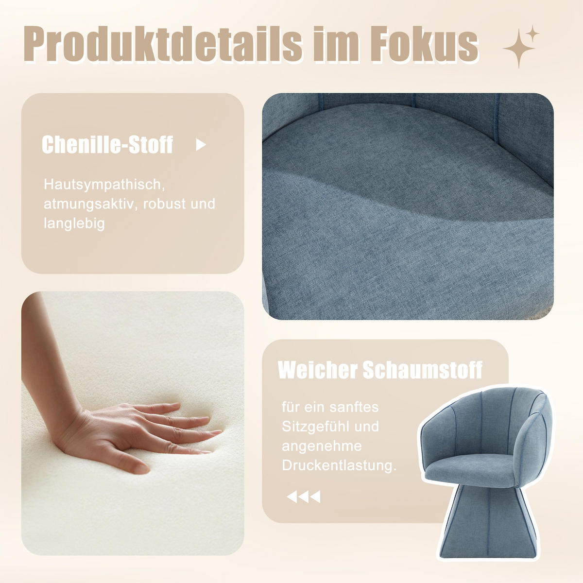 DREHSESSEL Chenille Stoff 360° Drehbar Polstersessel Loungesessel, Blau - Blau, Textil (56/74.5/54cm) - LVHOM
