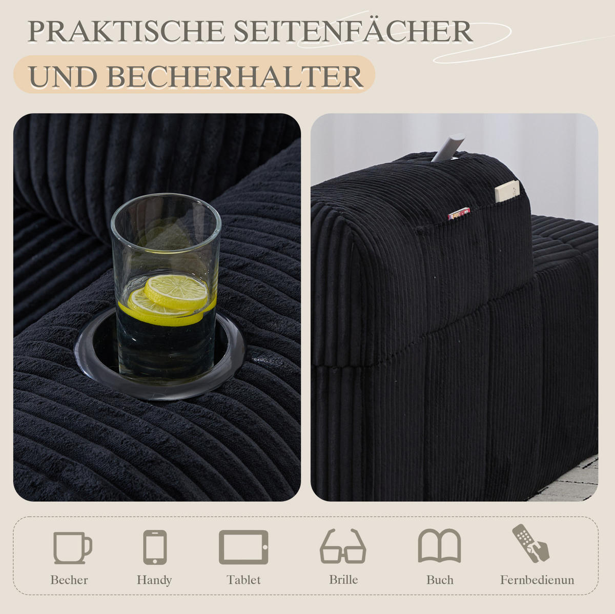 SOFA Cord mit Seitenfächern und Becherhaltern 158/93/61 cm Schwarz - Schwarz, Textil (93/61/158cm) - Redom