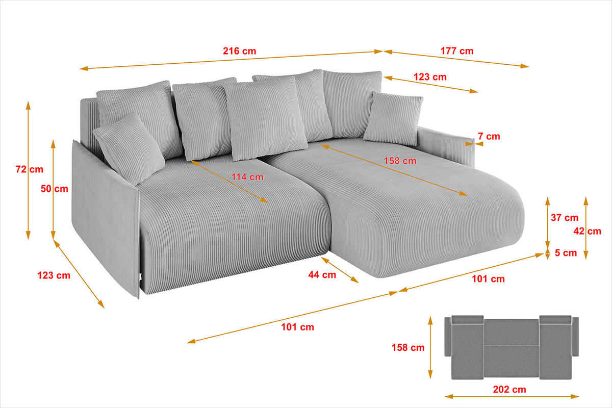 ECKSOFA Ottomane rechts ONESK-L -v1 216x177x72 Grau Cord - Grau, Holzwerkstoff/Kunststoff (177/216cm) - ALTDECOR