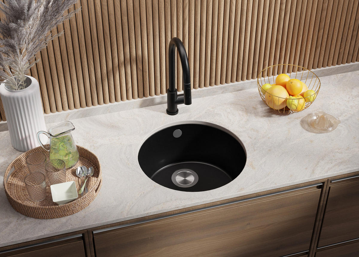 UNTERBAUSPÜLE GRANIT Valletta, 2-er set Alles Schwarz 46/46 cm 1 Becken + Ablauf-Set ab 50er Unterschrank - Schwarz, Kunststoff (46/20/46cm) - Primagran